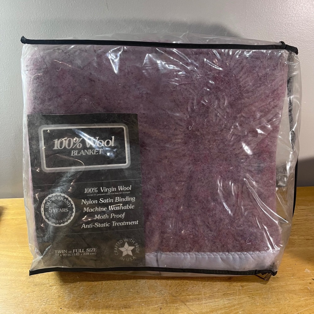Vtg Encee Wool Blanket Twin Full Purple 100% Virgin Wool Satin Trim USA Made